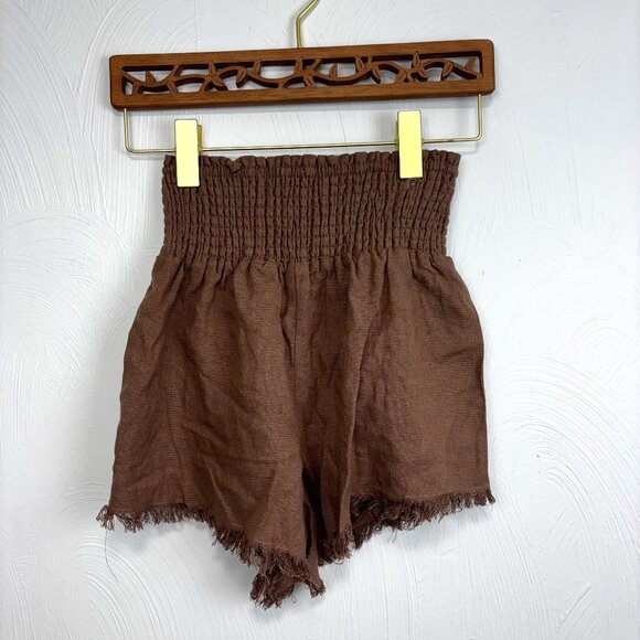 Brown Linen Smocked Shorts High Waist Fringe Hem Boho Soft Fit Lightweight S - Picture 1 of 4